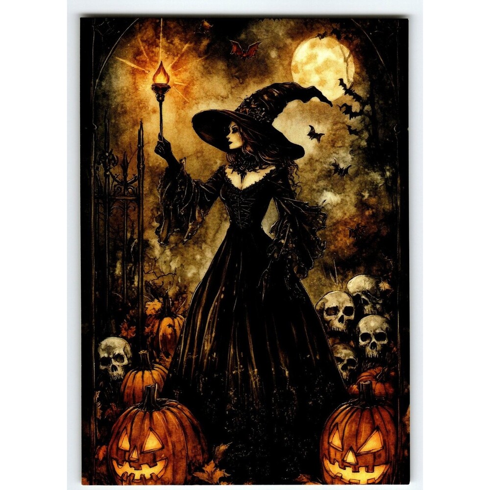 Vintage Halloween Witch With Jack-O'-Lanterns & Skulls Photochrome Postcard